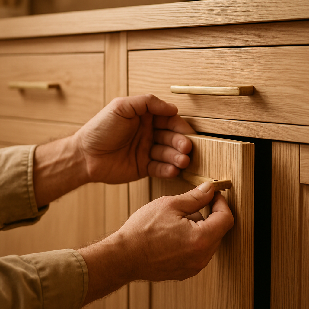 A craftsman installing custom white oak cabinetry with brass hardware